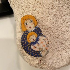 Ceramic Signed Mother-Daughter Pin